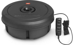 JBL BassPro Hub Powered 12" subwoofer enclosure with 200-watt amp — mounts to hub of spare tire